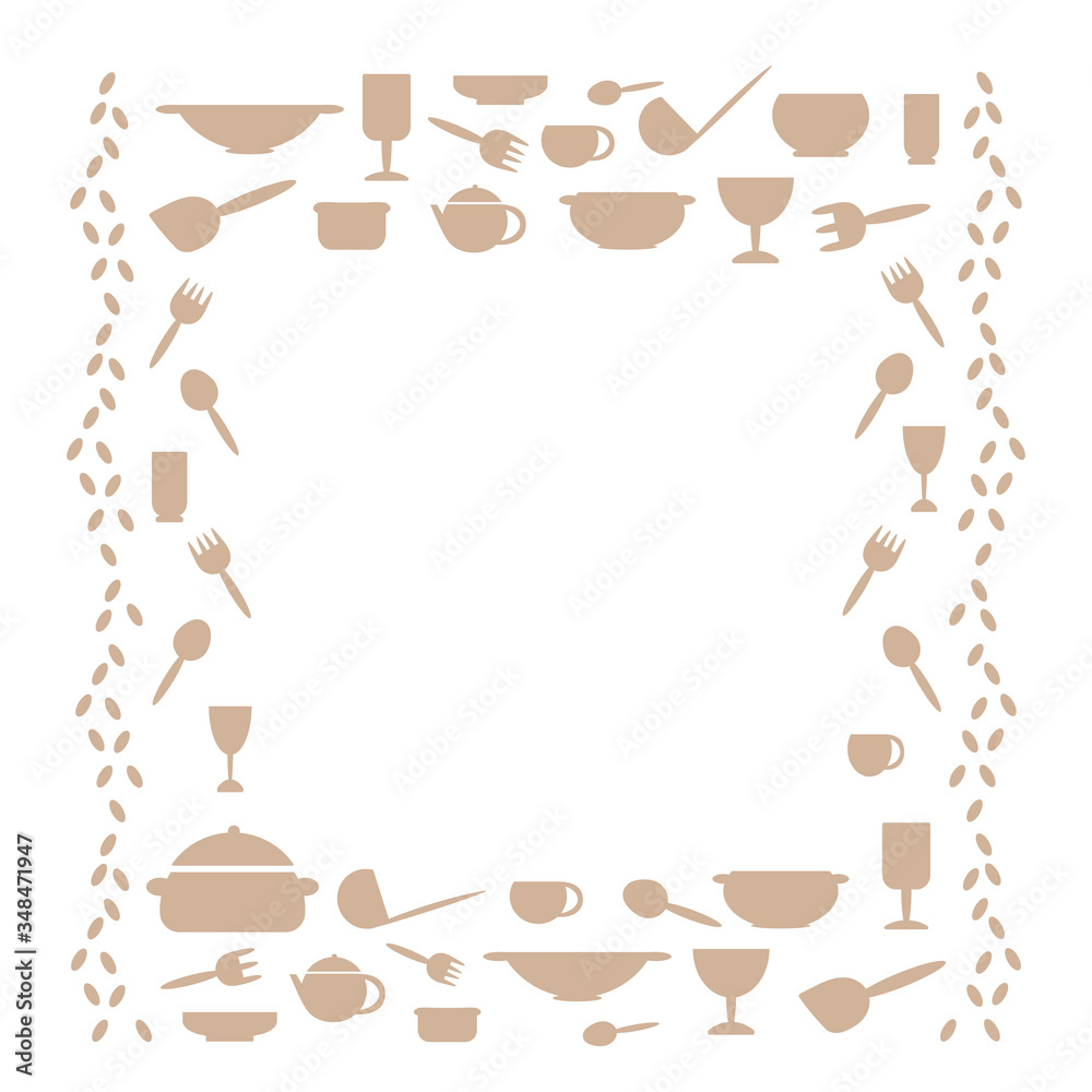 Kitchen utensils, frame with space for text . Kitchen tools symbols Cutlery icons kitchen equipment . Monochrome Vector illustration in flat style Kitchen utensils, frame with space for text . Kitchen tools symbols Cutlery icons kitchen equipment . Monochrome Vector illustration in flat style