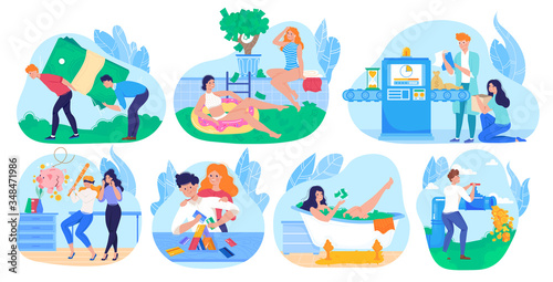 Rich people bathing in money, millionaire cartoon character, set of funny concepts, vector illustration. Young man and woman luxury lifestyle, fortune winner. Happy rich person, wealthy careless girl