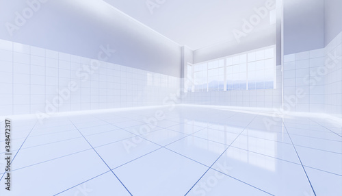 3d rendering of white tile floor in toilet room.