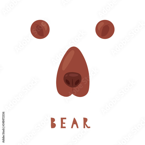 Vector illustration of animal face for selfie photo or video chat for apps. Cute and funny cartoon character, bear head mask with nose and ears for masquerade, carnival, costume party