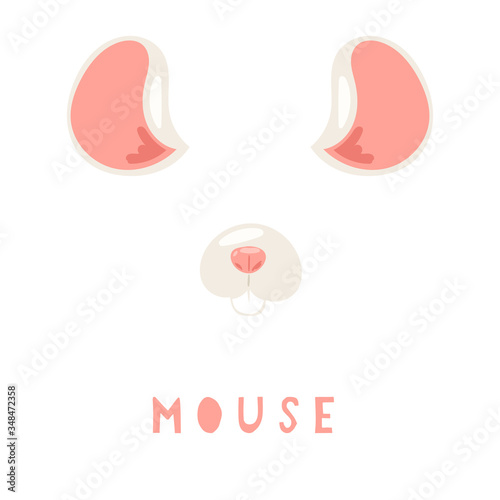 Vector illustration of animal face for selfie photo or video chat for apps. Cute and funny cartoon character, mouse head mask with nose and ears for masquerade, carnival, costume party