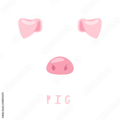 Vector illustration of animal face for selfie photo or video chat for apps. Cute and funny cartoon character, pig head mask with nose and ears for masquerade, carnival, costume party