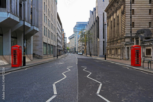 A view down an empty street in central London during Coronavirus lock down, April 2020, United Kingdom.