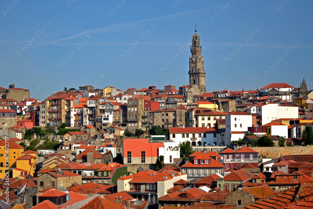 Porto, Portugal - August 17, 2015: Cityscape of Porto. You can especially see the Clérigos Tower, a famous monument that overlooks the city.