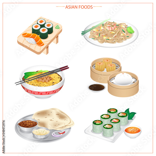 Asian food is available in many countries, such as sushi, Pad Thai, Dim Sum, Indian food, Vietnamese spring roll, variety of ingredients, vegetables, herbs and spices.