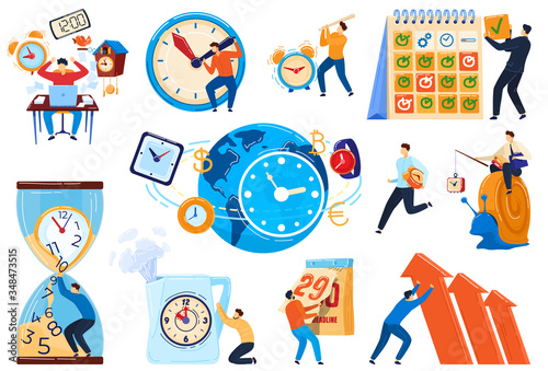 Time management concept, business people deadline, set of cartoon characters, vector illustration. Workflow optimization and project manager productivity, time pressure. Businessman stress, task delay