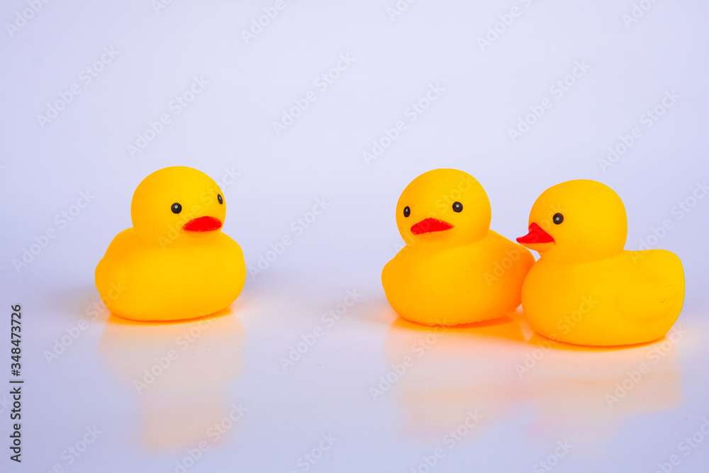 Yellow duck toys isolated on white background for friendship and unity concept. Yellow duck toys isolated on white background for friendship and unity concept.