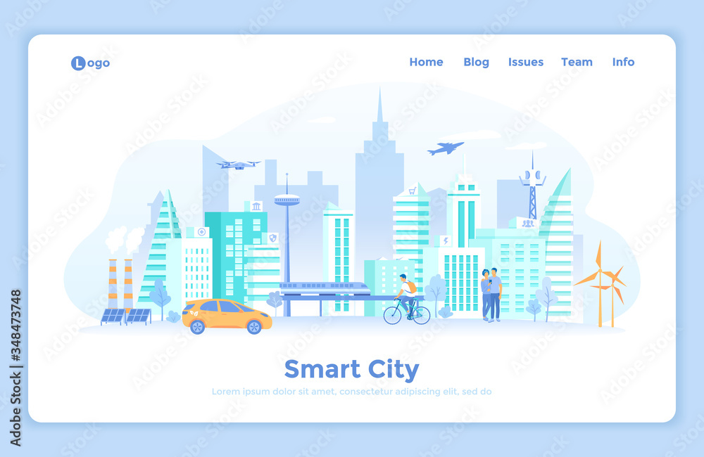 Smart City Skyline. Urban landscape with building architecture, communication, infrastructure, transportation, services, eco energy. landing web page design template decorated with people characters.