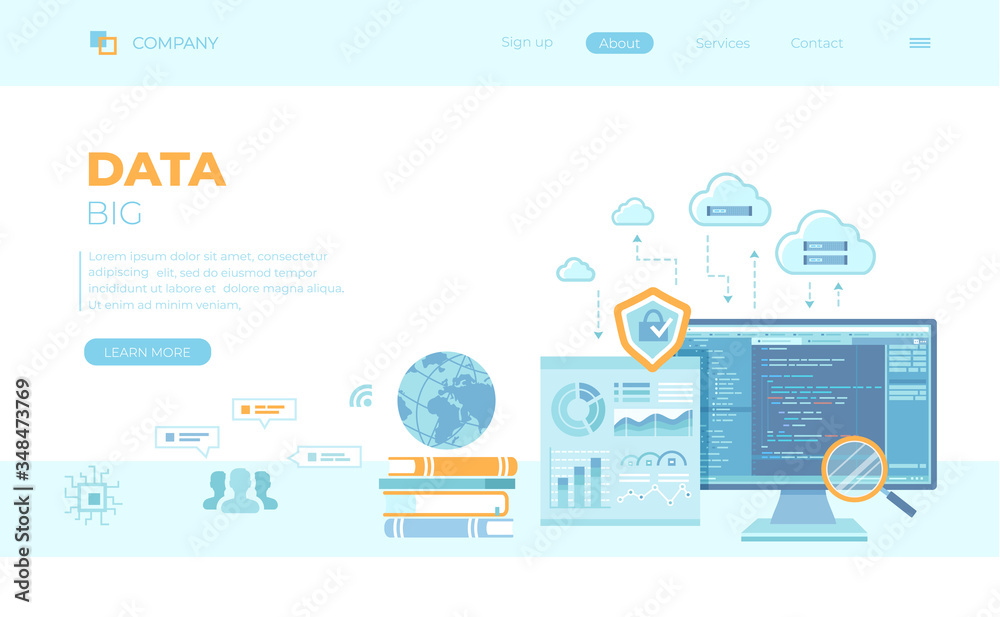 Big Data Processing, Infographic, Analysis, Analytics, Database research, Financial reporting, Cloud storage, Communication technology. Can use for web banner, landing page, web template.