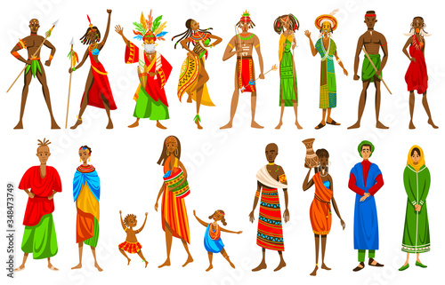 Ethnic people of African tribes in traditional clothing, set of isolated cartoon characters, vector illustration. Exotic culture, different countries in Africa, slim man and woman in national costumes