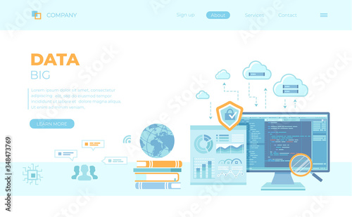 Big Data Processing, Infographic, Analysis, Analytics, Database research, Financial reporting, Cloud storage, Communication technology. Can use for web banner, landing page, web template.