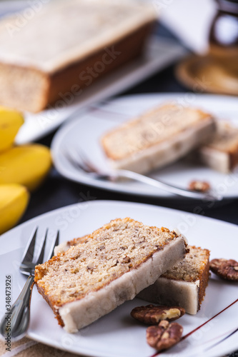 Piece of banana cake on plate