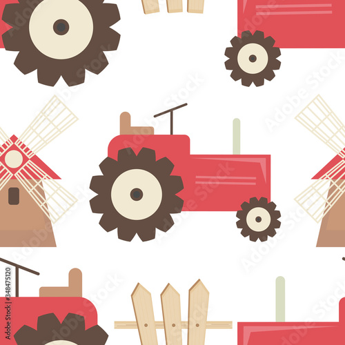 Farm Seamless pattern - Cartoon Farm Objects - Tractor, Mill, Fence. Rustic background. Vector Illustration. Print for Wallpaper, Baby Clothes, Wrapping Paper. Don't contain clipping mask and gradient