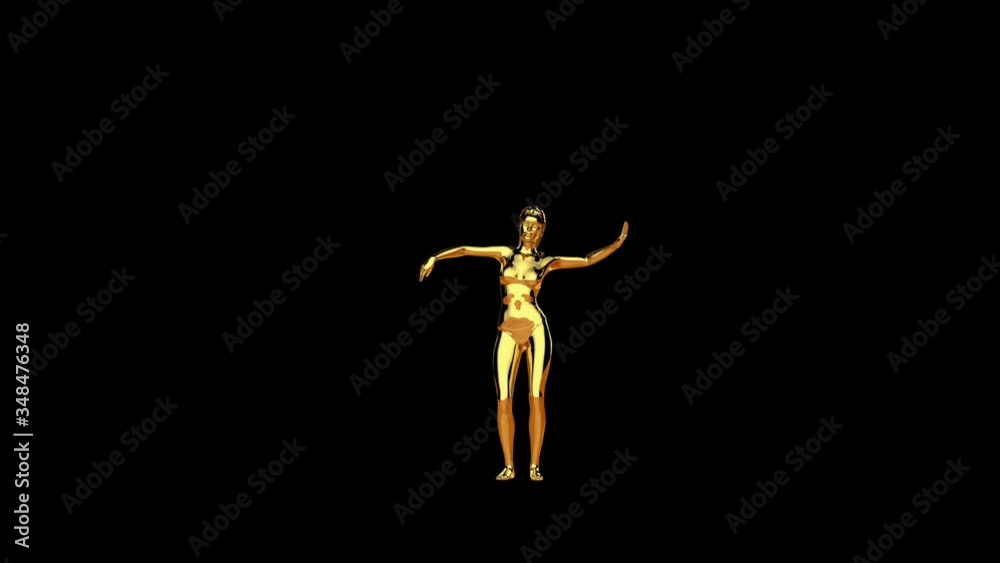 Golden slim woman getting weight while doing a belly dance, seamless loop, against black Golden slim woman getting weight while doing a belly dance, seamless loop, against black