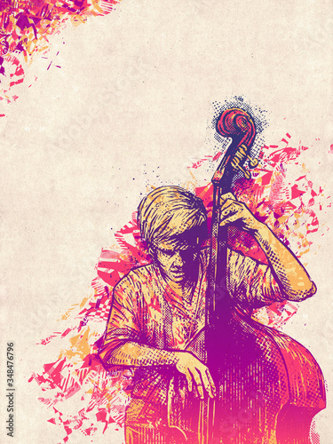 Design Jazz for poster with jazzman playing double bass. Raster Version Illustration.