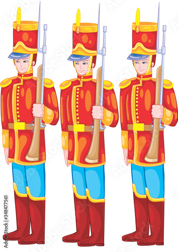 set of three toy soldiers on guard, tin soldier, isolated object on a white background, vector illustration,