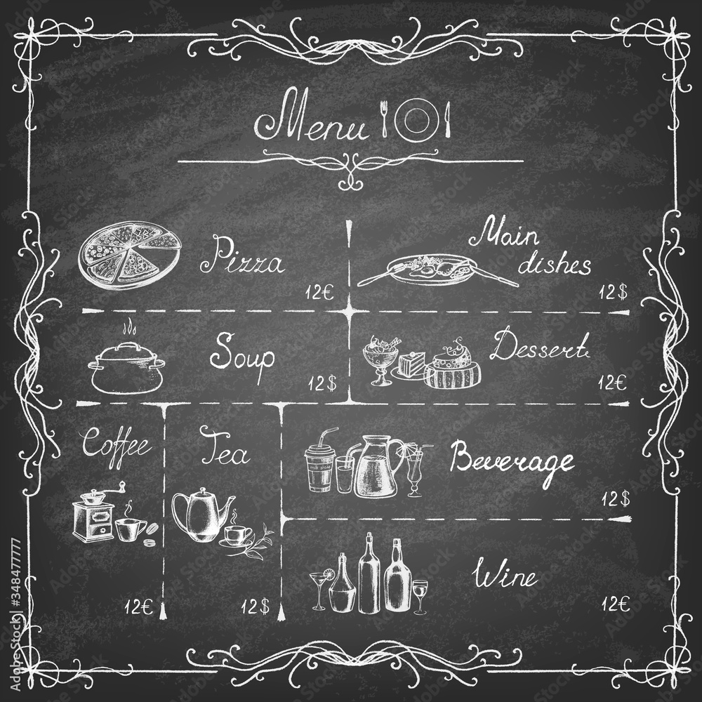 Vector illustration of menu written on chalkboard. Retro vintage style.