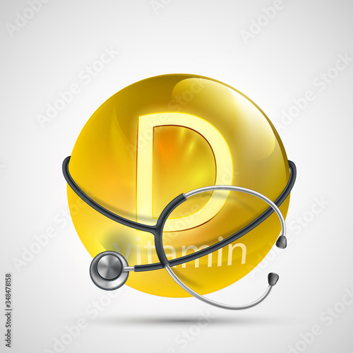Yellow pill vitamin D with a medical equipment stethoscope