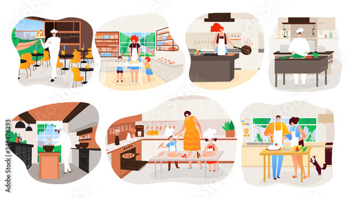 People cooking at home, restaurant kitchen chef cartoon character vector illustration. Happy family mother and children in kitchen together baking homemade pastry. Smiling cook in professional uniform