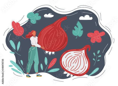 Illustration of woman with big onion on dark background
