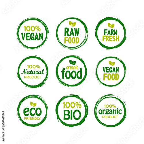 Set of fresh healthy organic vegan food logo labels isolated. Vector