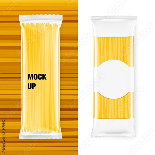 Transparent package mock up with spaghetti pasta isolated on white background. Vector illustration. Can be use for template your design, promo, adv. EPS10.	