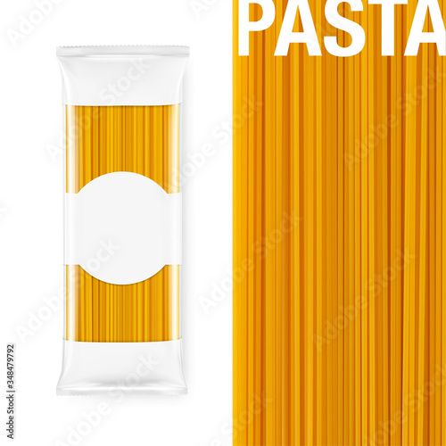 Transparent package with spaghetti pasta isolated on white background. Vector illustration. Can be use for template your design, promo, adv. EPS10.	