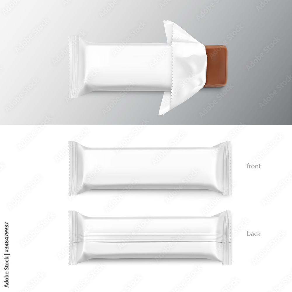 Open flow packaging mockup with bar. Vector illustration isolated on white background. Can be use for your design, promo, adv and etc. Possibility for food, pharmaceutical, cosmetic. EPS10. Open flow packaging mockup with bar. Vector illustration isolated on white background. Can be use for your design, promo, adv and etc. Possibility for food, pharmaceutical, cosmetic. EPS10.