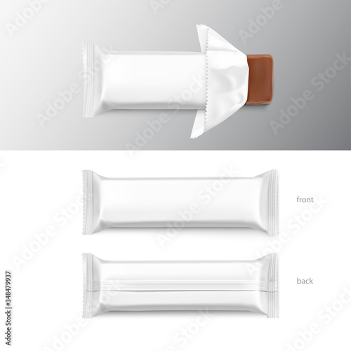 Open flow packaging mockup with bar. Vector illustration isolated on white background. Can be use for your design, promo, adv and etc. Possibility for food, pharmaceutical, cosmetic. EPS10.	