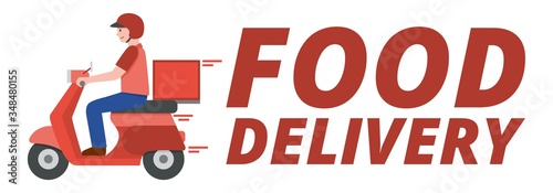 Delivery man riding scooter with text food delivery, vector