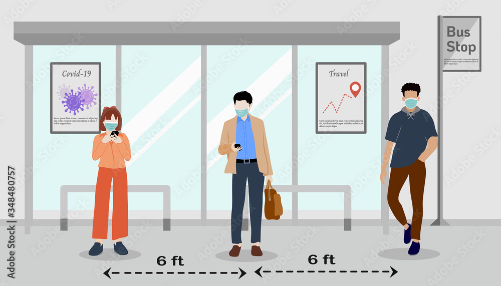 Social distancing. Standing at bus stop to avoid coronavirus Social distancing. Standing at bus stop to avoid coronavirus