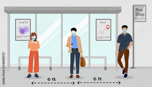 Social distancing. Standing at bus stop to avoid coronavirus