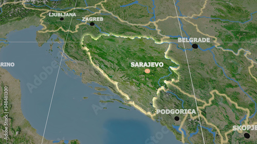 Bosnia and Herzegovina extruded and capital labelled. Satellite