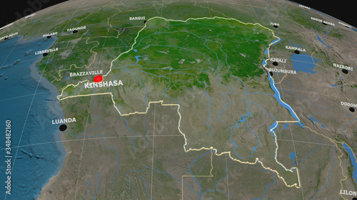 Democratic Republic of the Congo extruded and capital labelled. Satellite
