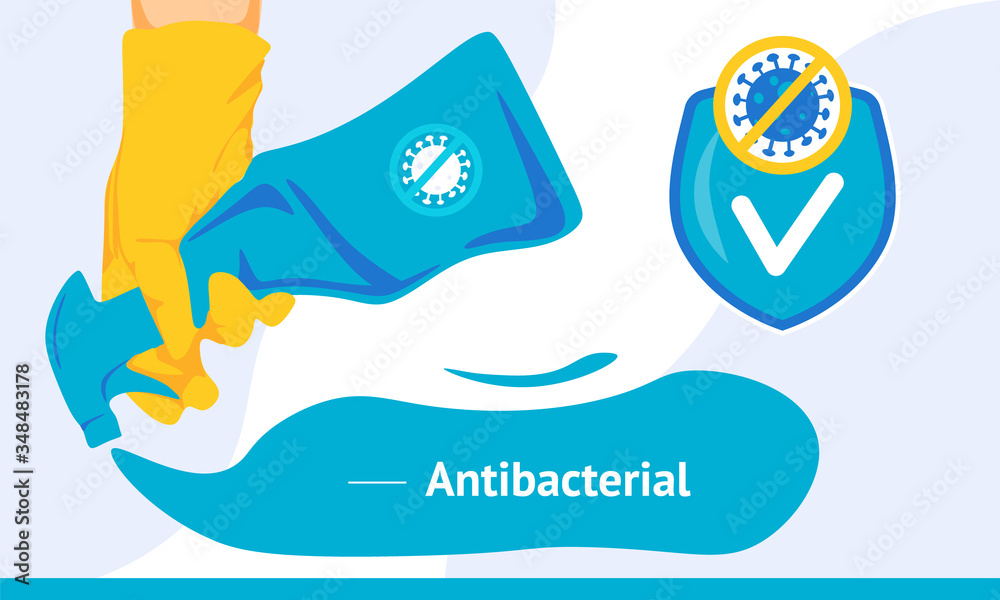 A man in latex yellow gloves holds a bottle of antiseptic spray to protect against coronavirus. Antibacterial infusion destroys bacteria. The concept of disinfection. Cartoon style. 