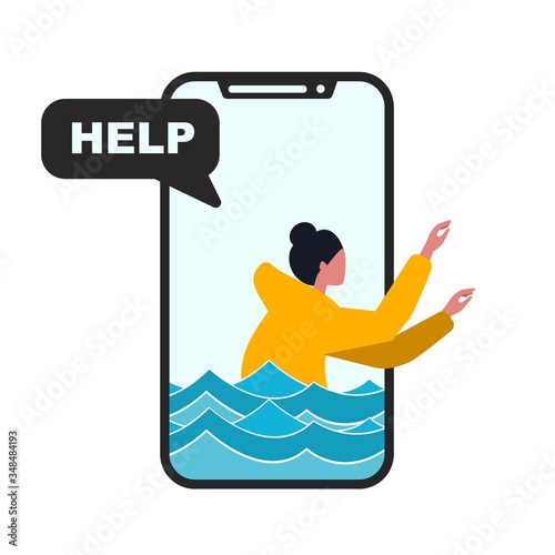Problematic internet use. Teen girl drowning inside of smartphone, isolated vector illustration in flat style