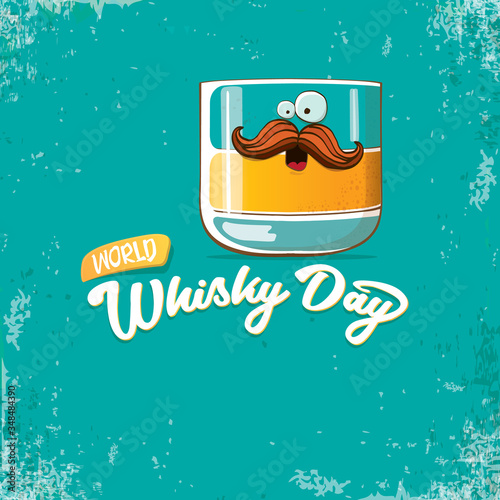 World Whisky Day banner with vector funny cartoon smiling whiskey glass character isolated on grunge backgound. whiskey day vector concept illustration. funky hipster alcohol character label