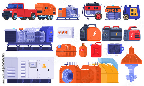 Generators set of energy generating portable electrical equipment, machines petrol fuel industrial engine isolated vector illustration. Diesel industry industrial and home immovable power generator.