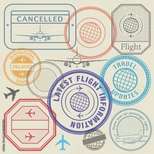 International travel visa marking, business travel and immigration vintage labels, travel stamps set