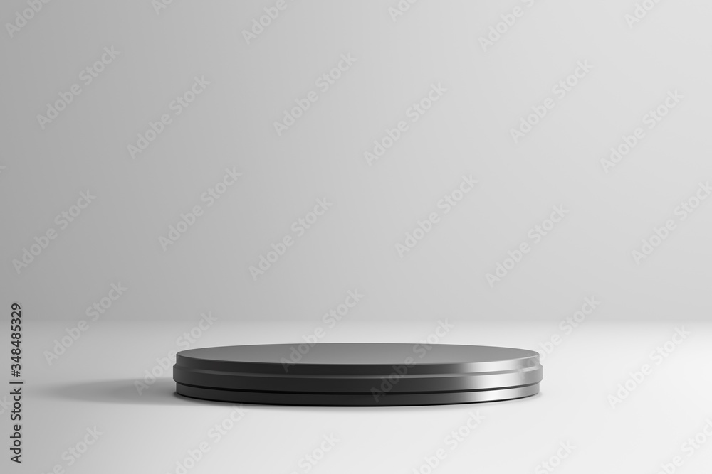 Black pedestal or podium stand on white product background with luxury fashion concept. Empty studio platform template. 3D rendering. Black pedestal or podium stand on white product background with luxury fashion concept. Empty studio platform template. 3D rendering.