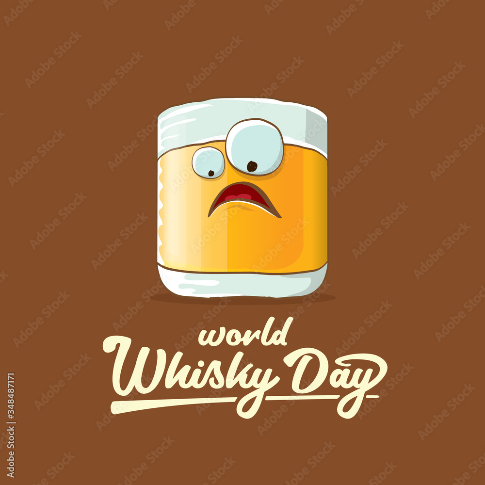 Fotografie World Whisky Day banner with vector funny cartoon smiling whiskey glass character isolated on brown backgound