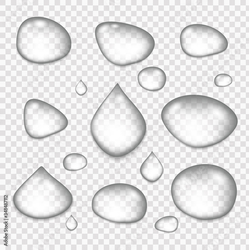 Realistic water drops. Rain. Splash of transparency liquid. Set of crystal clear bubble droplets. 3d rain drops are shown.