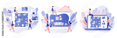 Interior design studio concept. Tiny designers designing interior decorations. House decoration service. Modern flat cartoon style. Vector illustration on white background
