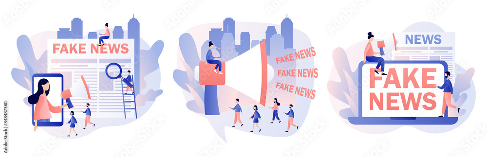 Fake news metaphors. Mass media, yellow press, hot online information, propaganda newscast. Modern flat cartoon style. Vector illustration on white background Fake news metaphors. Mass media, yellow press, hot online information, propaganda newscast. Modern flat cartoon style. Vector illustration on white background