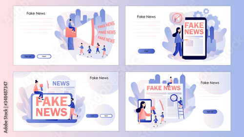 Fake news metaphors. Mass media, yellow press, propaganda. Screen template for mobile smart phone, landing page, template, ui, web, mobile app, poster, banner, flyer. Modern flat cartoon style. Vector