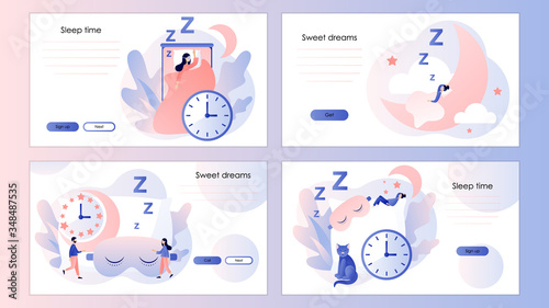 Sleep time. Sweet dreams. Tiny woman sleeps in mask. Screen template for mobile smart phone, landing page, template, ui, web, mobile app, poster, banner, flyer. Modern flat cartoon style. Vector 
