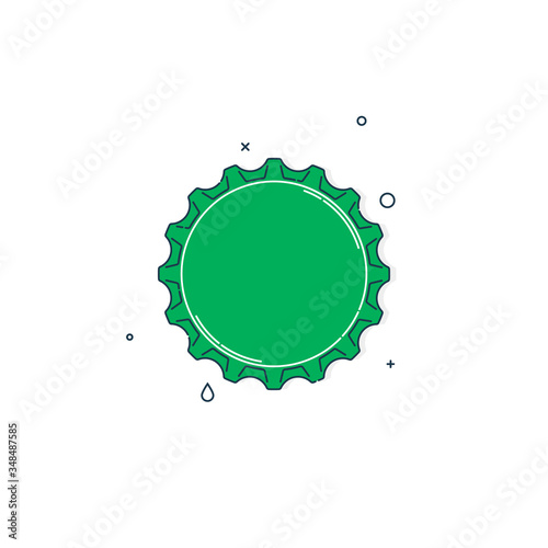 Color flat illustration with a bottle cap on a white background. Green cover metal cork. Isolated element. Line art design. Top view. Outline a single drink object