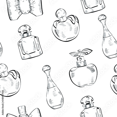 Perfume, beauty, fashion  vector seamless pattern on white background. Concept for wallpaper, wrapping paper, cards 