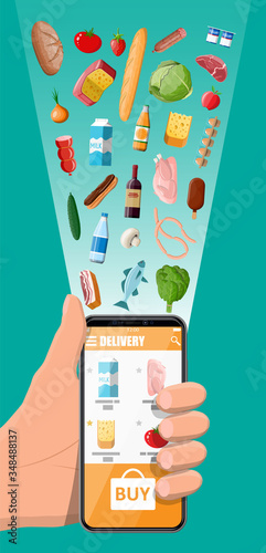 hand with smartphone with shopping app. Grocery store delivery. Internet order. Online supermaket. Shopping mall, food and drinks. Milk, vegetables, meat, cheese. Flat vector illustration