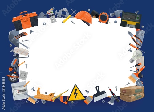 Diy tools, instruments vector border frame. Construction hardware, electric, repair and carpentry work tools. Screwdriver and saw, hammer and toolbox, planer, nippers and vise, cement and drill
